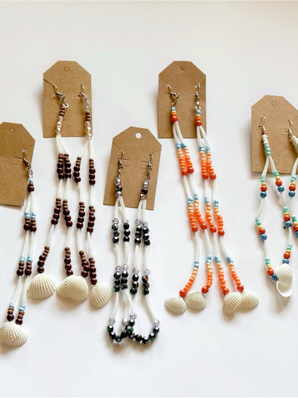 Handcrafted White Shell & Bead Drop Earrings in Multi-Color